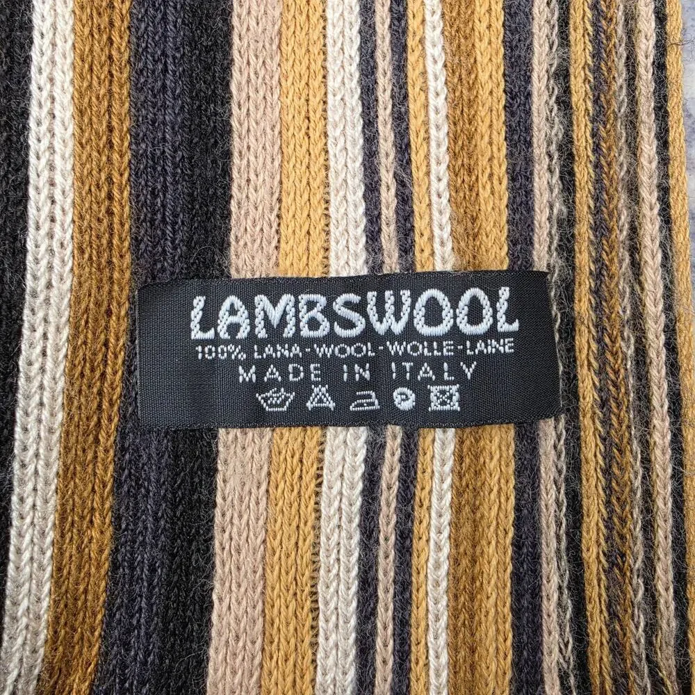 Lambswool Scarf Mens One Size Brown Striped Knit Fringe Winter Made In Italy